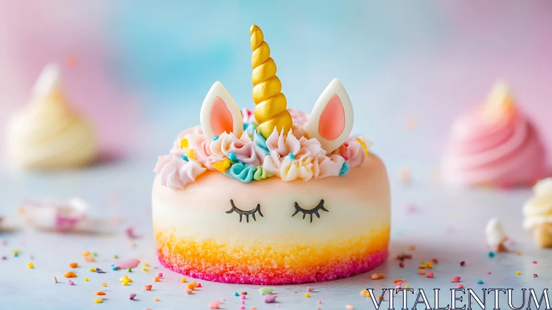 Unicorn themed mini cake shows pastel icing and gold horn