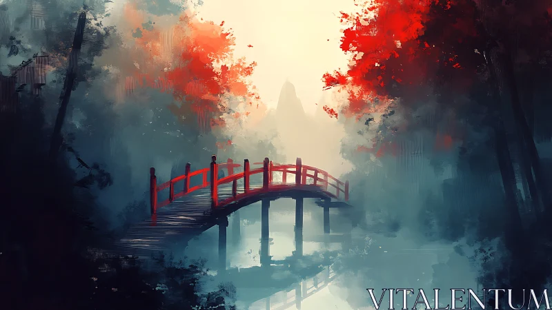 Scarlet timber bridge spanning misty reflective forest stream.