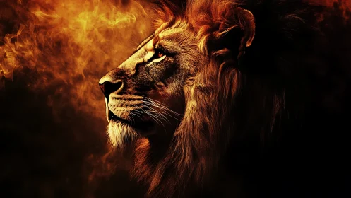 Lion profile in warm fiery light against dark background.