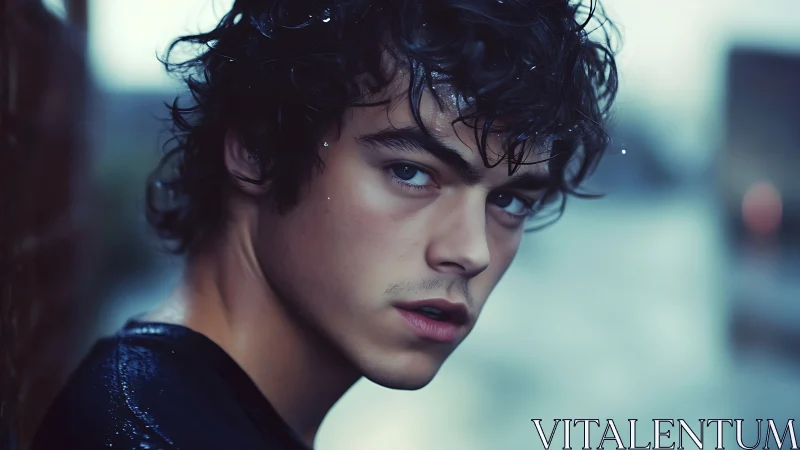 Moody wet-haired young man in shallow-depth urban close-up