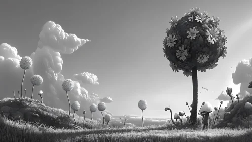 Surreal grayscale meadow with stylized trees and clouds.
