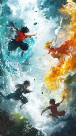 Elemental duel unites anime warriors amid water and fire vortex