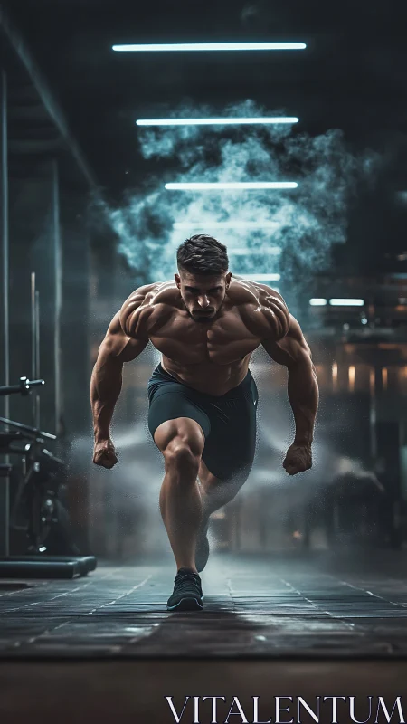 Muscular sprinter explodes forward under dramatic gym lights