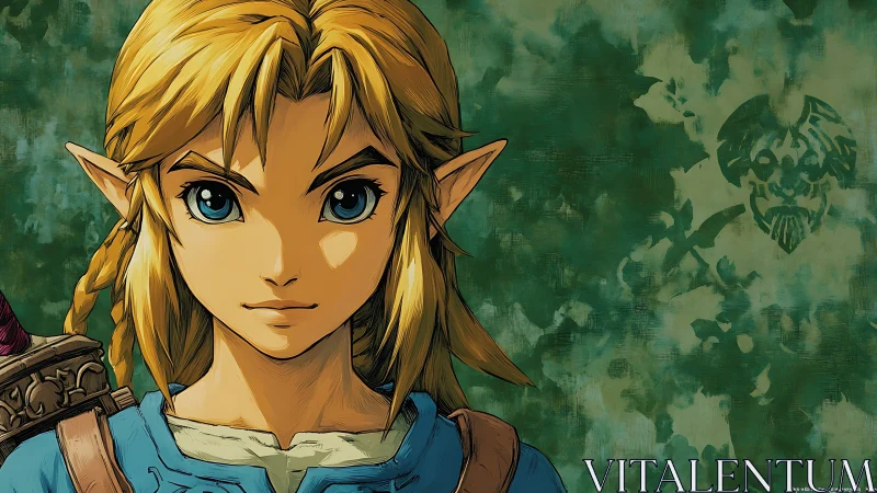 Elf-eared fantasy warrior portrait on mottled green field.