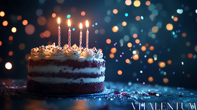 Four Lit Candles Crown Layered Birthday Cake Amid Bokeh Lights.