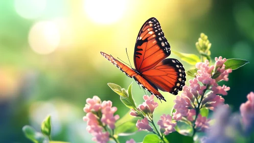 Orange butterfly resting on pink flowers in sunlight.