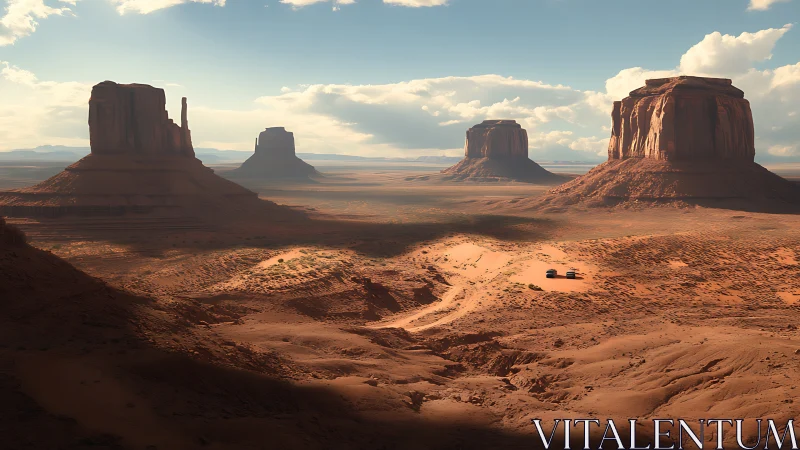 Desert buttes and open valley under bright afternoon sky.