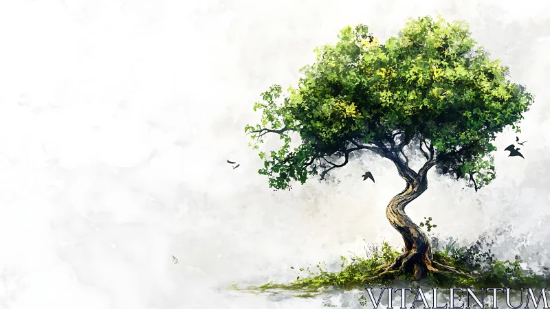 Vibrant Watercolor Tree with Twisted Trunk and Flying Birds.
