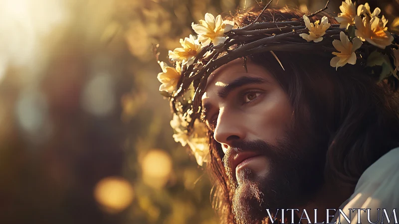 Gentle crowned figure gazes into warm, hopeful sunlight glow