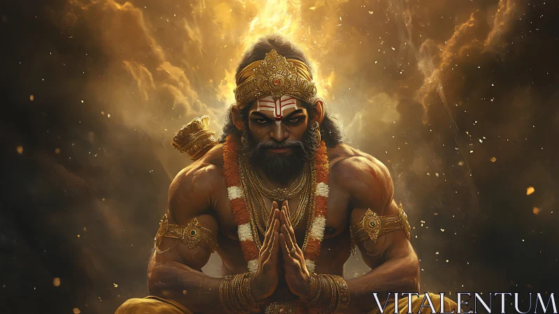 Mythic warrior figure sits in prayer before a luminous vortex