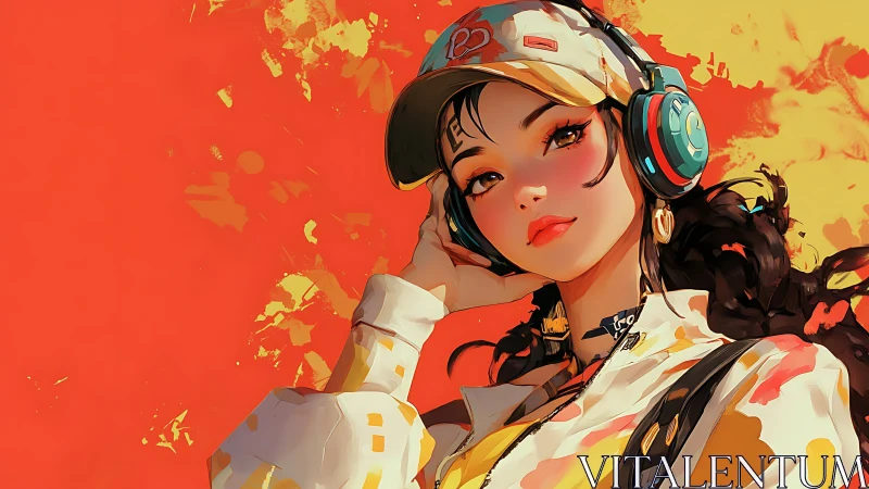 Girl in headphones stands against vivid orange backdrop