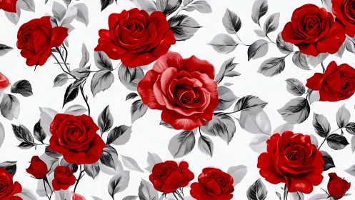 Red roses with gray foliage arranged across white background surface.
