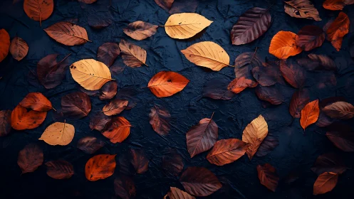 Copper leaves drift like quiet lanterns across midnight stone