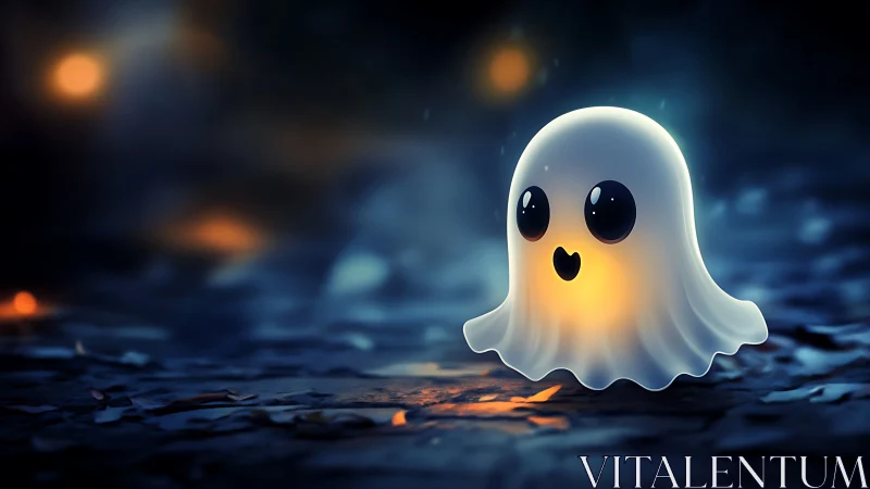 Glowing kawaii ghost rendered in cinematic shallow depth of field