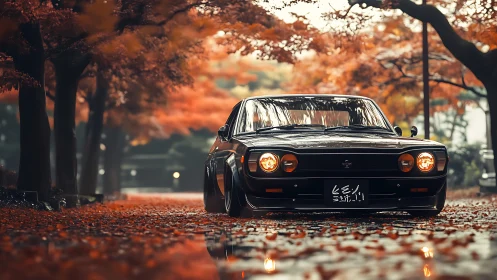 Vintage black coupe on wet autumn tree-lined street at dusk.