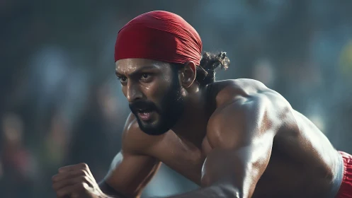 Male sprinter in red headwrap focused at race start.