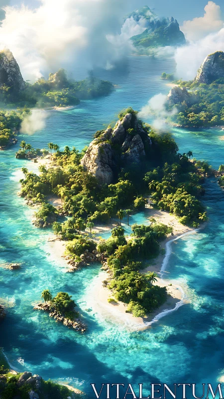 Tropical archipelago with emerald vegetation and crystal turquoise lagoon waters.
