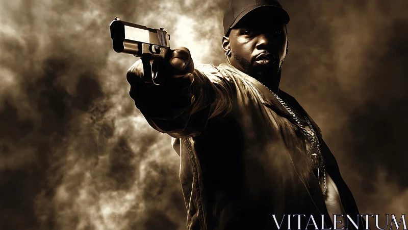 Low-key portrait isolates handgun muzzle with dramatic foreshortening