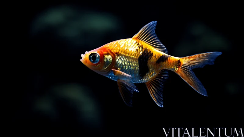 Golden aquarium fish illuminated against deep black water.