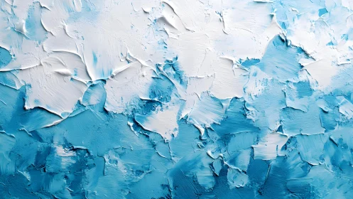 Abstract blue and white textured oil painting with palette knife.
