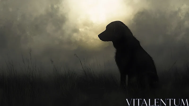 Silhouette of dog in misty field at dawn or dusk.
