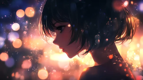 Moody anime girl profile in glowing city lights at night.