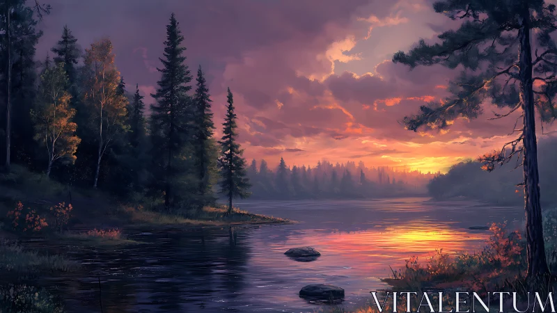 Tranquil forest lake glows beneath a soft, ember-hued sunset