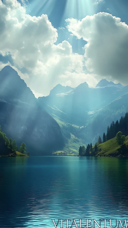Sunlit mountain lake cradled in luminous alpine embrace.