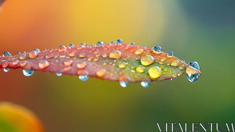 Gentle raindrops resting on a colorful autumn leaf.