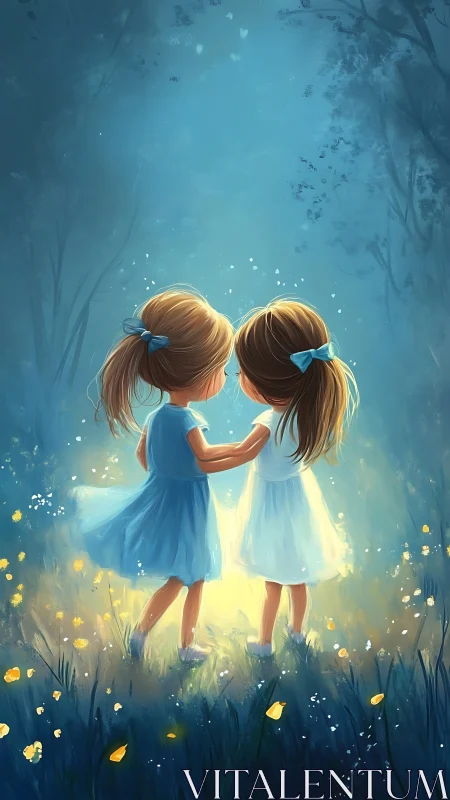 Two Girls in Blue Dresses Among Yellow Flowers in Forest.