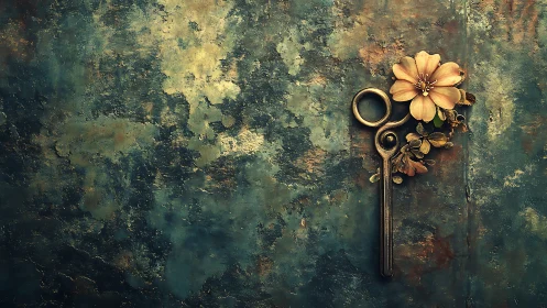 Antique metal key with floral ornament against corroded teal wall