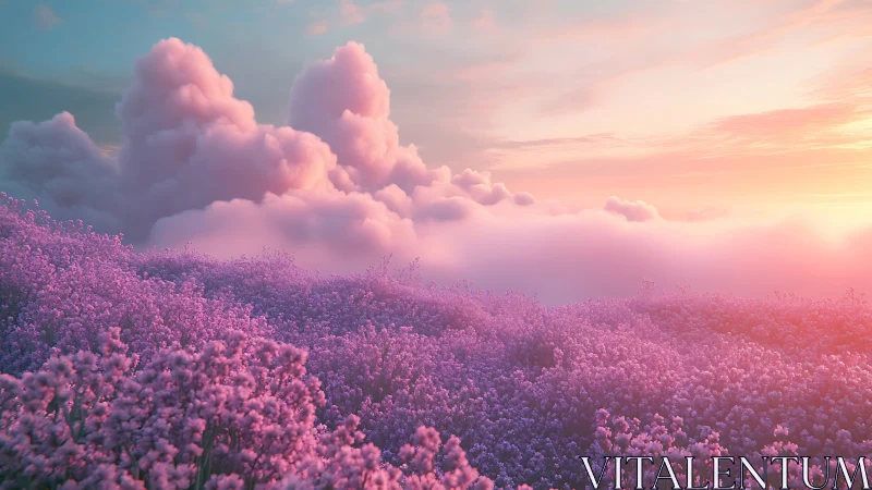 Digital painting of iridescent lavender field at sunrise.