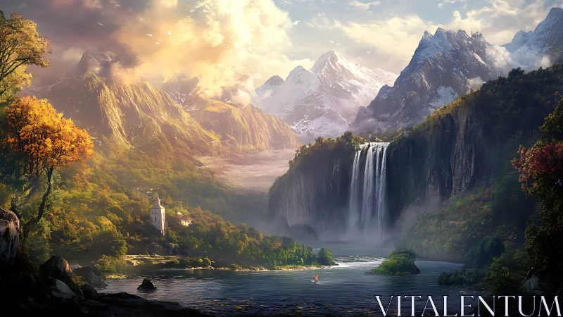 Epic alpine waterfall valley rendered in luminous digital detail