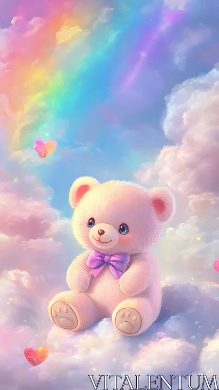 Pastel teddy bear on dreamy rainbow cloudscape.