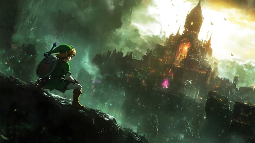 Heroic silhouetted figure surveying luminous fortress cityscape