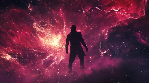 Stargazer drifts before a blazing crimson cosmic storm.