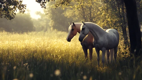 Gentle horses glowing in golden forest sunrise light.