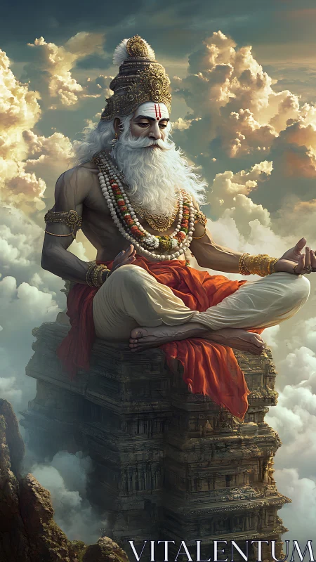 Serene sky sage in meditation above timeless temples.