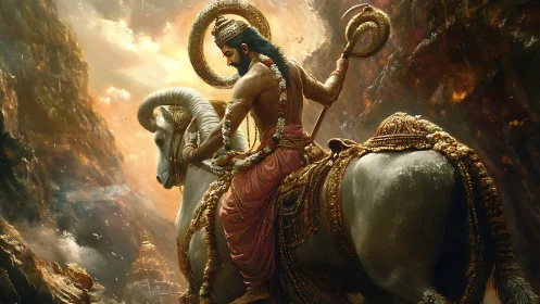 Mythic deity on ram steed in radiant canyon composition.