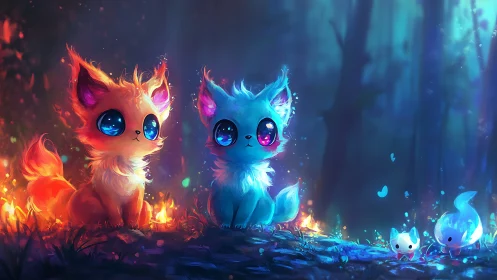 Luminous Fire and Frost Kittens with Glowing Eyes.