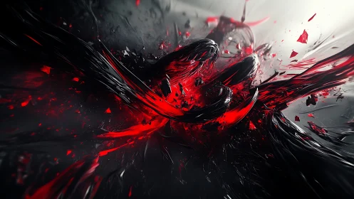 Torsional red shockwave through glossy black fracture field.