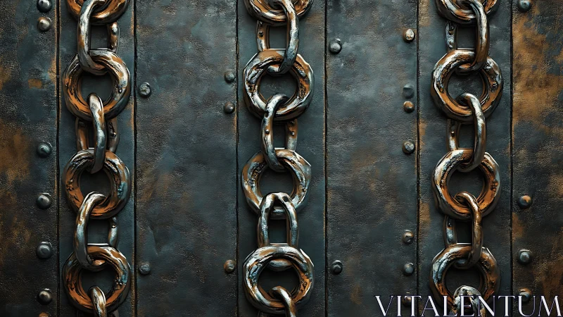 Weathered iron chains aligned on riveted metal plates.