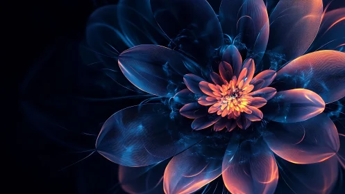 Digital fractal flower with luminous blue and orange petals.