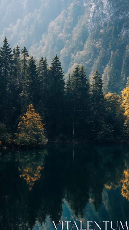 Misty Mountain Lake Reflects Golden Autumn Forest.