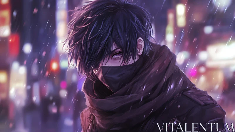 Midnight rogue in neon rain, eyes like quiet sirens.