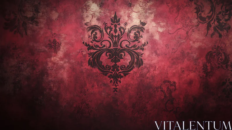 Baroque flourish blooms over weathered crimson patina wall.