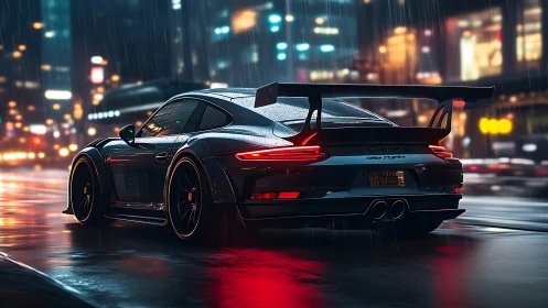 Wet city street reflects rear-lit GT3-style sports car in rain