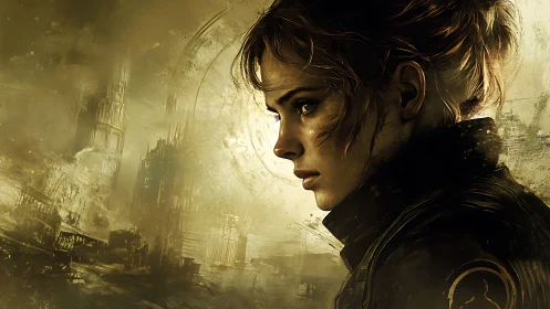 Futuristic soldier studies ruined city in golden haze.