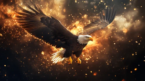 Majestic bald eagle soaring with fiery wings in dramatic digital art.