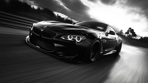 Sleek black sports coupe races through dramatic sunset track.